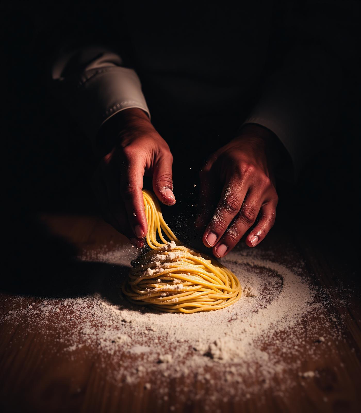 Mãos do chef preparando massa fresca